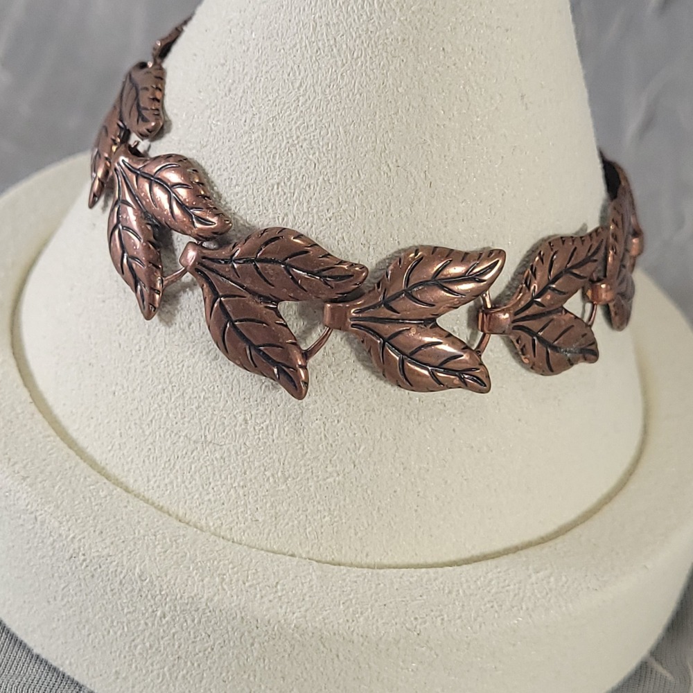 Solid Copper Leaf Link Bracelet Womens 6.75" Antiqued Botanical Nature Design